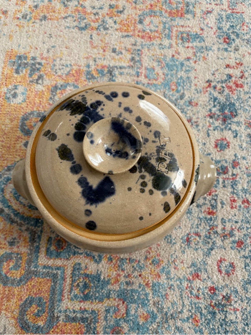 Handmade splatterware stoneware pottery crock with lid